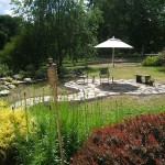 Circular natural stone patio and curvy path.